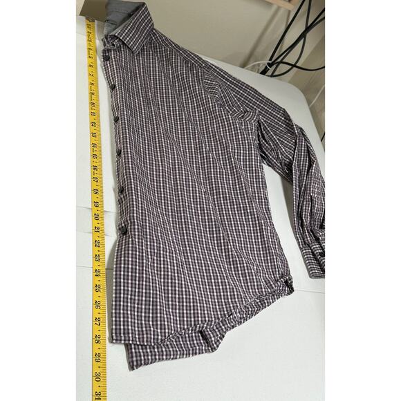 DKNY Shirt Mens 18 Slim Fit Gray Burgundy Check Plaid Button Up 100% Cotton Work - Picture 9 of 9